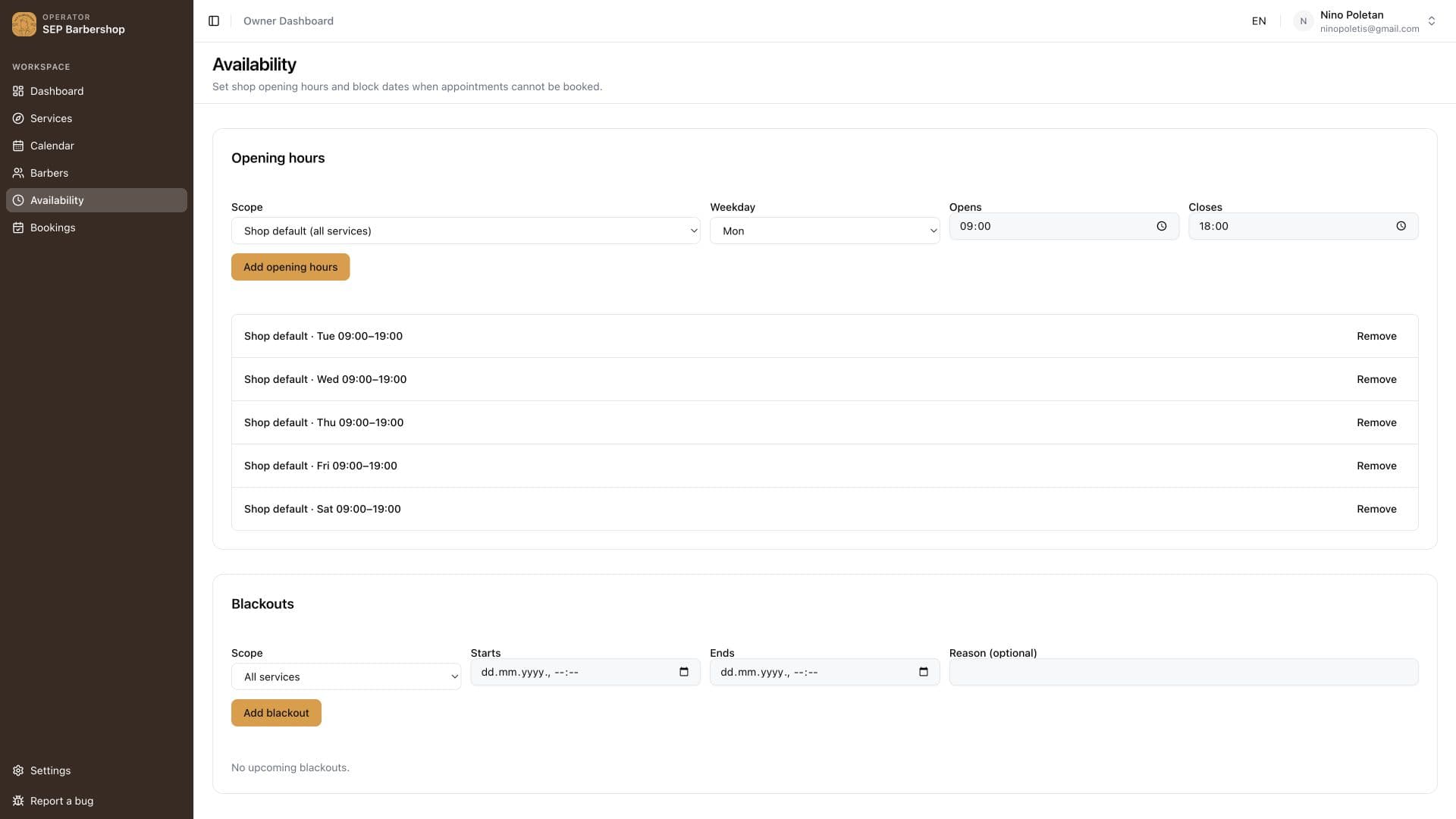 Owner panel with bookings, availability, services, payments, and reminders