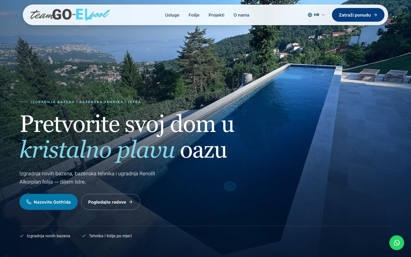 Web stranica Goel Pools: infinity bazen iznad mora, naslov o kristalno plavoj oazi
