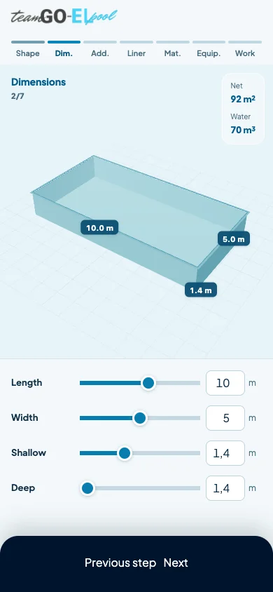 Pianificatore Goel, passo dimensioni: una piscina di 10 per 5 metri, profonda 1,4 metri (in inglese)