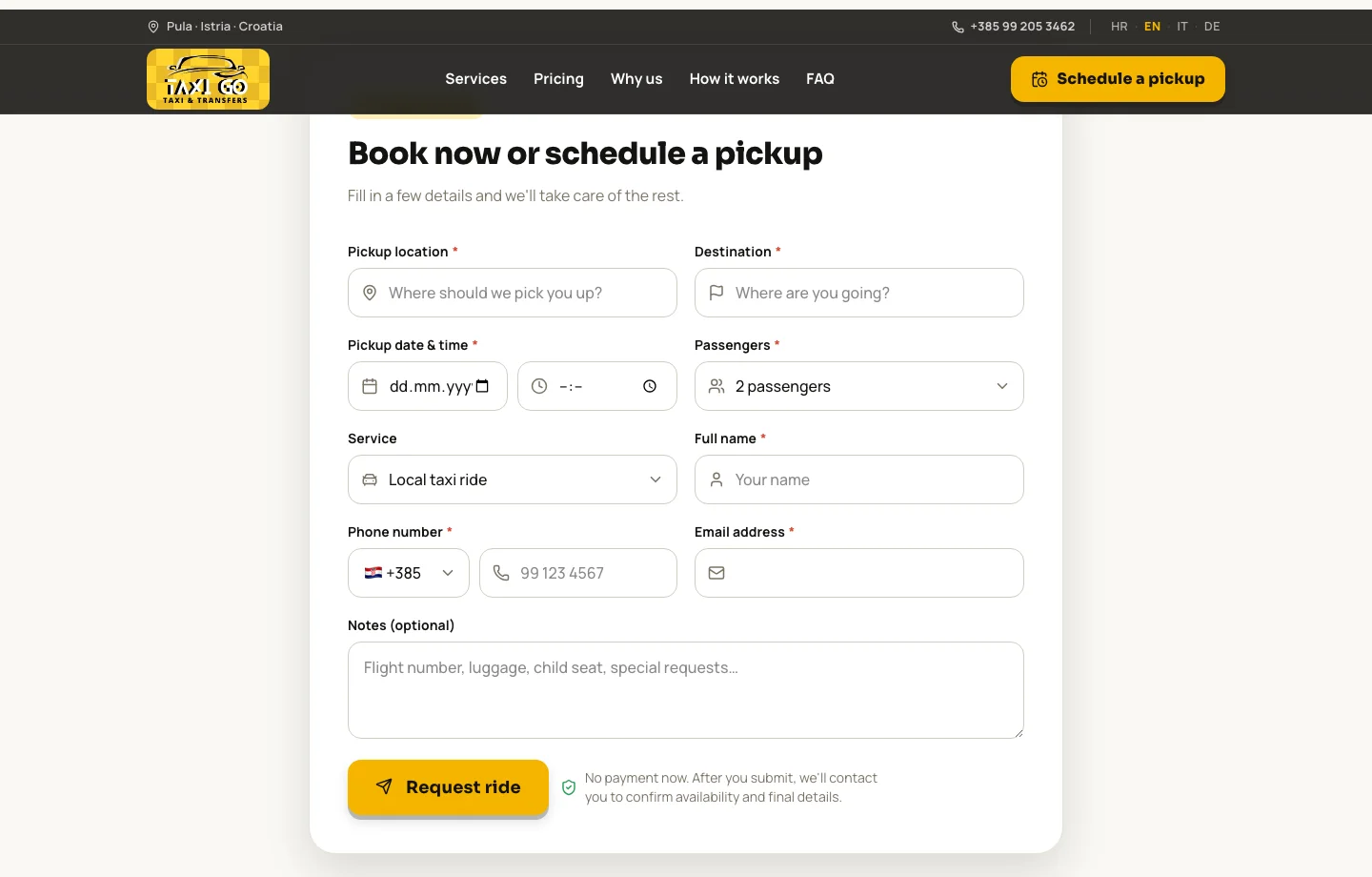 ฟอร์มเรียกรถบนเว็บไซต์ TaxiGo: จุดรับ ปลายทาง วันและเวลา ผู้โดยสาร บริการ ชื่อ โทรศัพท์ และอีเมล พร้อมปุ่มส่งคำขอ (ภาษาอังกฤษ)