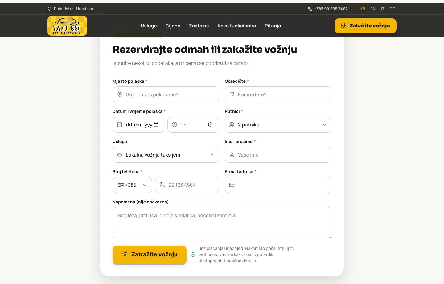 TaxiGo obrazac za upit za vožnju na njihovoj web stranici: polazište, odredište, datum i vrijeme, putnici, usluga, ime, telefon i e-mail, s gumbom za slanje upita