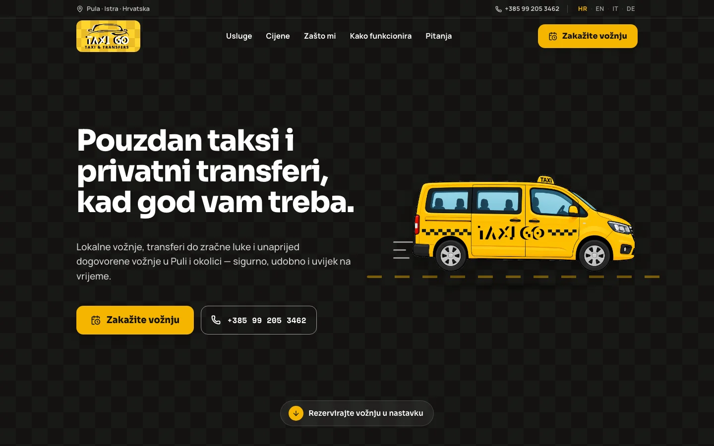 TaxiGo web stranica: žuti taksi kombi na tamnoj pozadini, s gumbima za rezervaciju vožnje i poziv